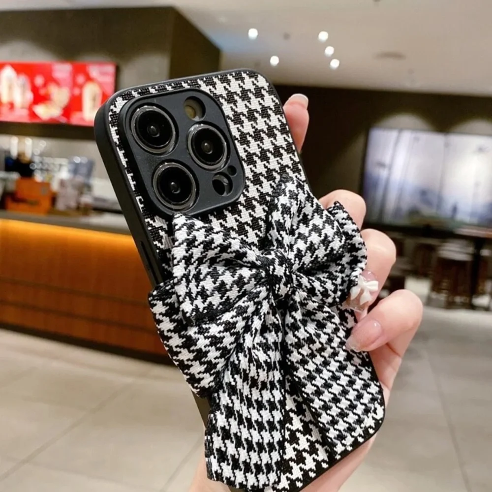 2 iPhone 15 Pro Max phone case pink fabric bow houndstooth plaid black white NEW